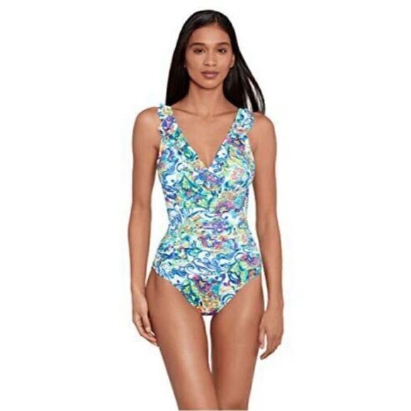 LAUREN RALPH Women's Printed Ruffle Surplice Underwire One-Piece Swimsuit size 8 - Picture 9 of 11